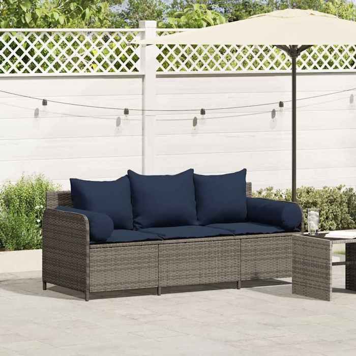 Gris Canapé de jardin avec coussins 3 places gris résine tressée - Siège de balcon LV65672