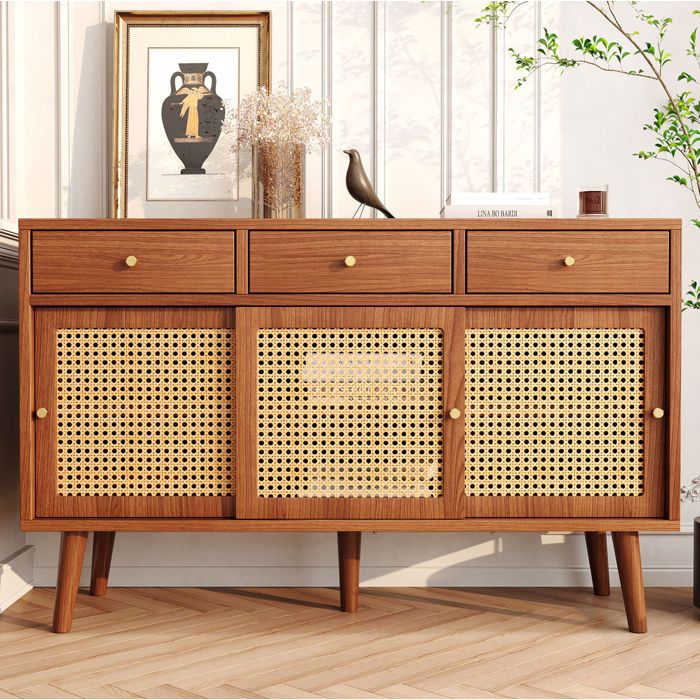 Buffet bas 120 x 40 x 78 cm en MDF noyer 3 tiroirs 3 portes coulissantes cannage pieds en bois étagères réglables