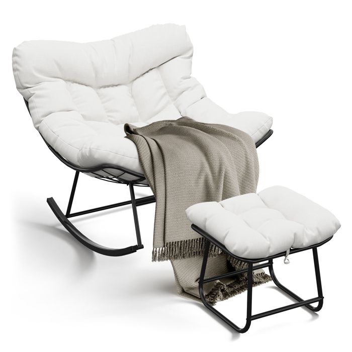 KOIOPLIE Fauteuil à bascule Papasan œuf XXL avec ottoman repose-pieds coussin amovible pour patio/balcon Noir + coussin blanc