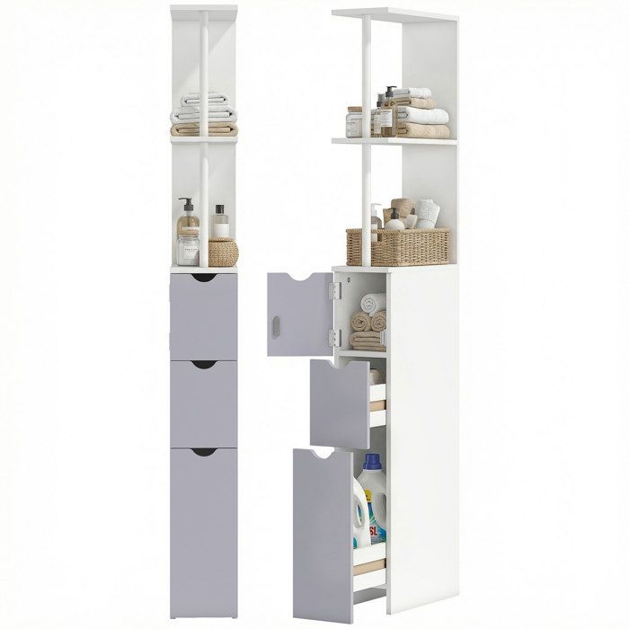 Etagère gain de place Salle de bain 3 niveaux 2 tiroirs et placard MDF et métal Blanc et Gris 15x33x136 cm