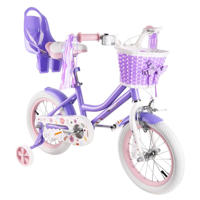 Velo Enfant Rully 004 14 Pouces Violet - Bicyclette Fille 3-5 Ans Stabilisateurs Panier et Siège de Poupée