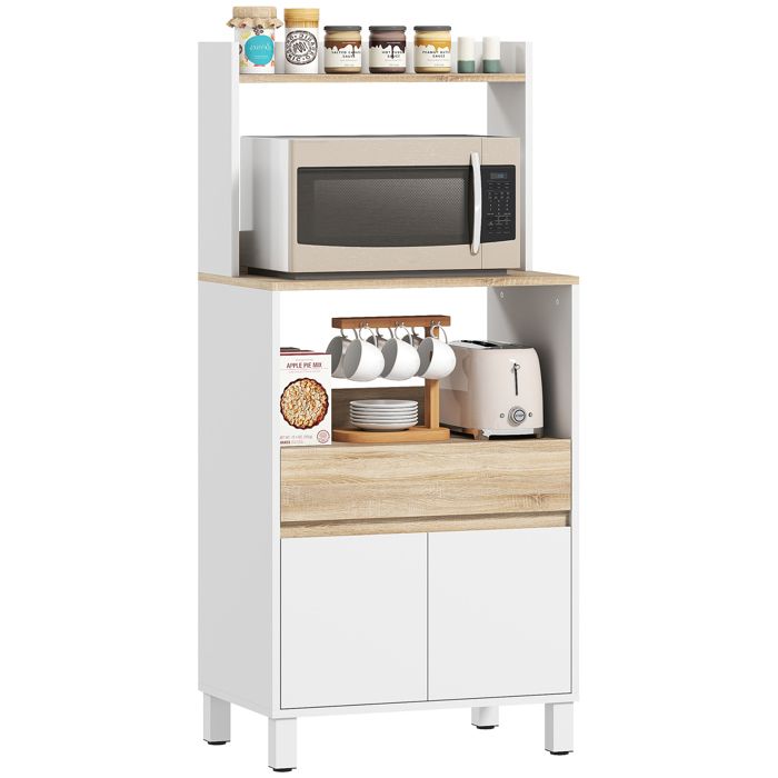 Meuble micro-ondes chêne/blanc 60x40x131 cm placard + tiroir + étagère supérieure