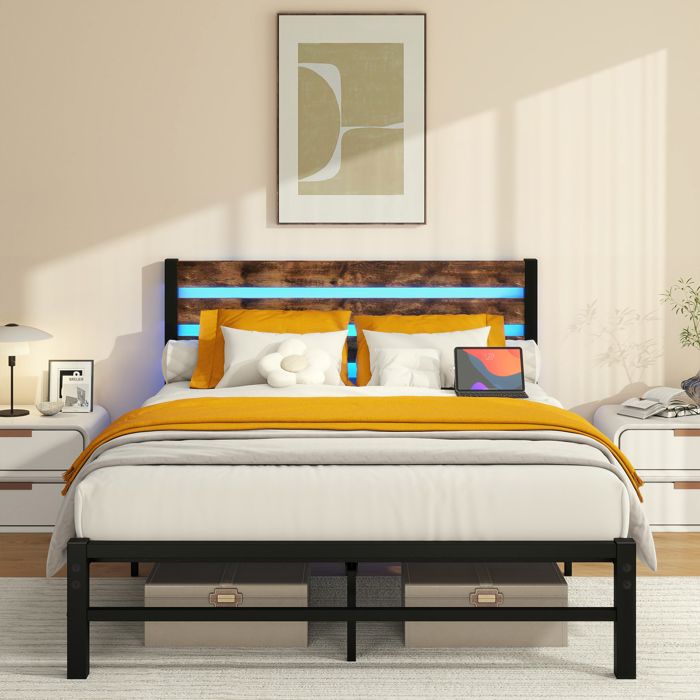 Cadre de lit double 140x200 cm en MDF et métal coloris marron antique dimensions 207x140x96 cm ports USB éclairage LED