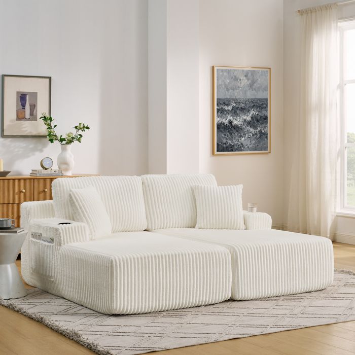 Canapé-lit relax à 2 places fauteuil lounge tissu en cale molle avec poche latérale porte-boissons et coussins