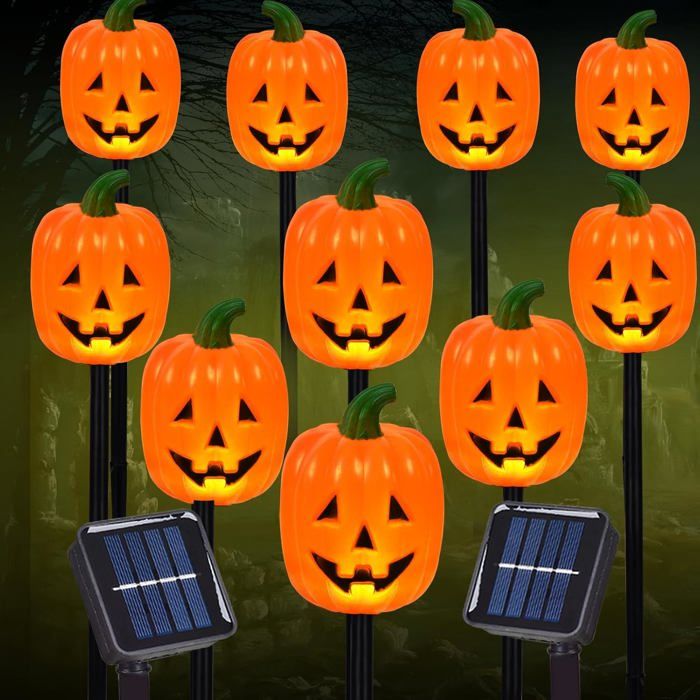 Lot de 10 Lumières Citrouille Halloween Solaires Décoratives Étanches pour Jardin Terrasse Extérieur Ambiance Festive