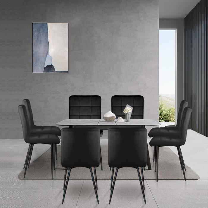 chaises de salle à manger carrées en daim avec pieds en fer - lot de 8 - noir