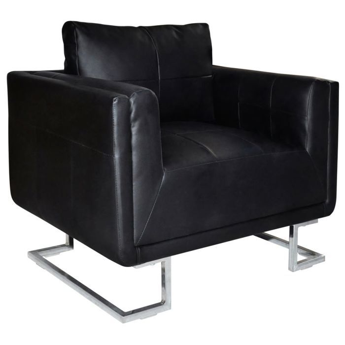 Fauteuil chaise siège lounge design club sofa salon cube avec pieds chromés cuir synthétique noir