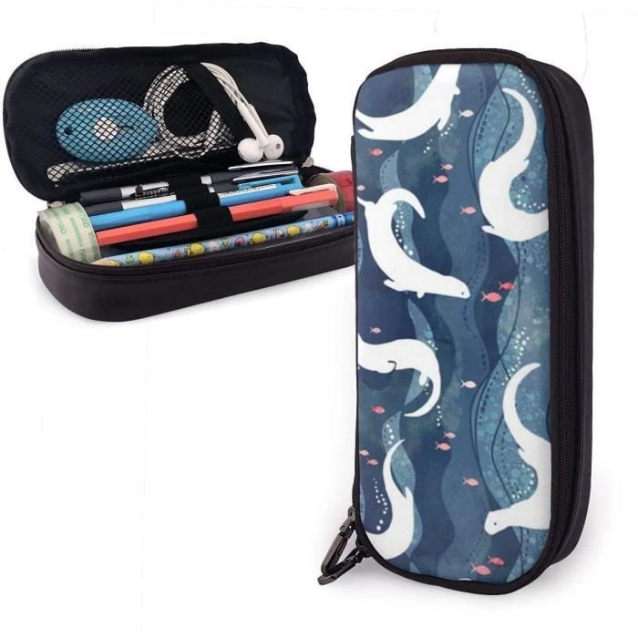 Trousse à Crayons En Cuir Synthétique Motif Vagues Japonaises - Pochette école, Bureau Ou Maquillage 20x6 Cm
