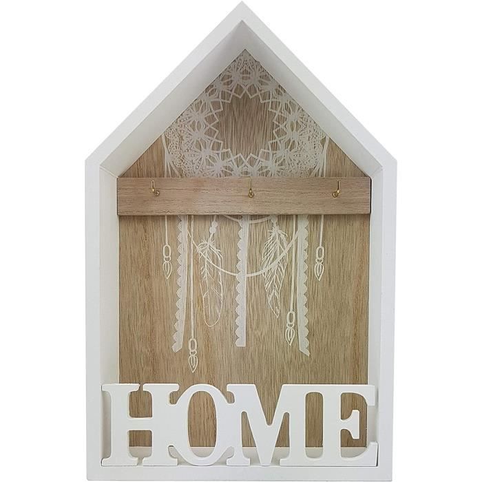Boîte à Clés Murale En Bois Style Shabby Chic - 6 Crochets - Dimensions 22x16x4 Cm - Couleur Blanchie - 10
