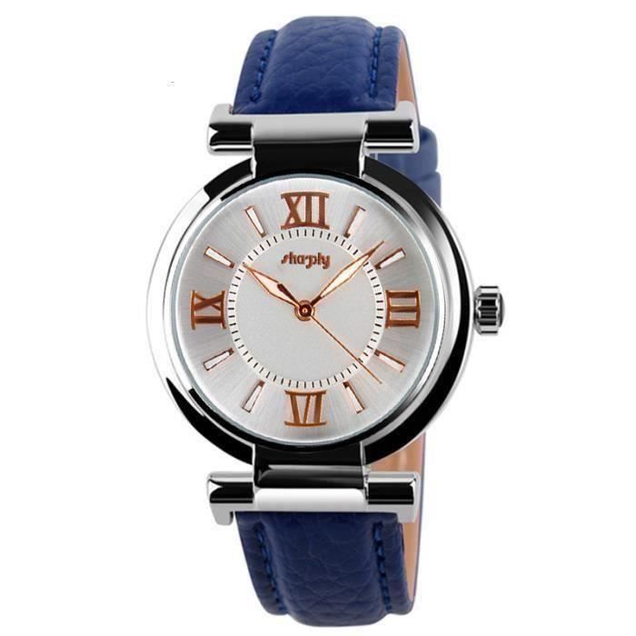 Montre Unisexe Budget Beauté – Cadran Noir Chiffres Bleus – Bracelet Simili Cuir
