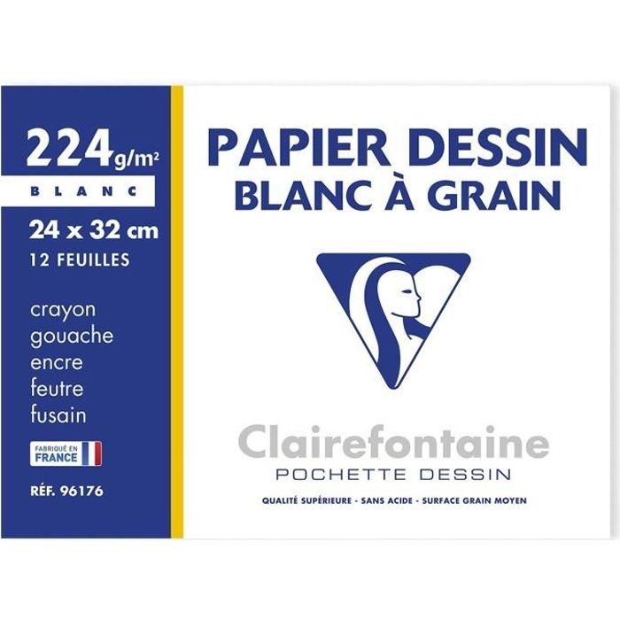 CLAIREFONTAINE - Pochette dessin - Papier à grain P.E.F.C - 24 x 32 - 12 feuilles - 224G - Blanc