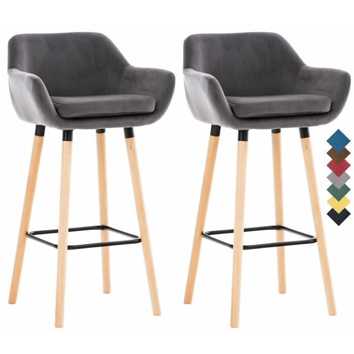 Lot de 2 Tabourets de Bar Grant en Velours - CLP - Empiétement en Bois - Gris