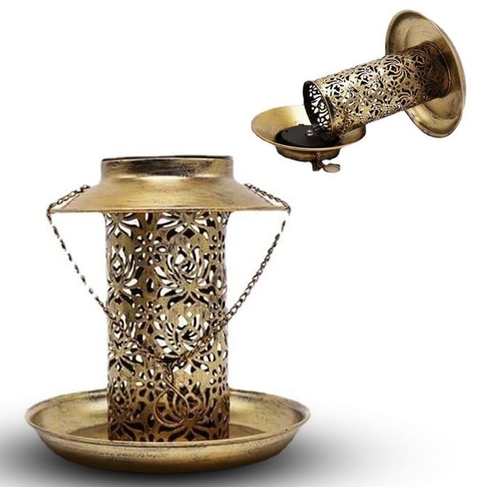 FISHTEC Lanterne solaire mangeoire fer effet bronze motifs arabesques - LED blanc chaud à poser ou suspendre pour jardin
