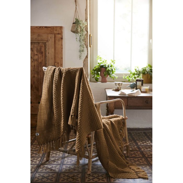 Plaid à franges nid dabeille Gabin toutes dimensions - 130x160 - Gabin Camel