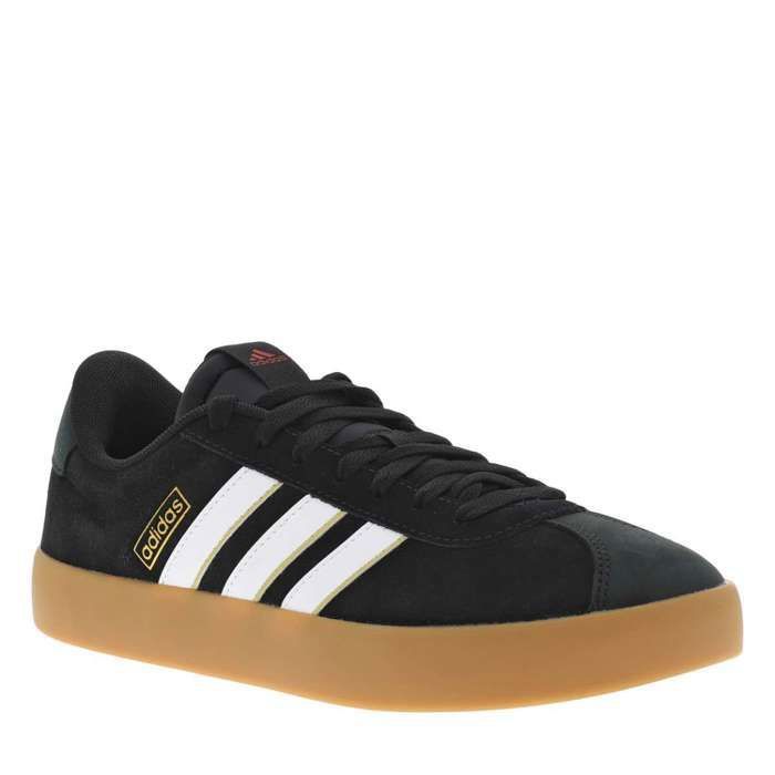 Adidas Baskets tennis noires plates et à lacets avec bandes blanches et liserés dorés