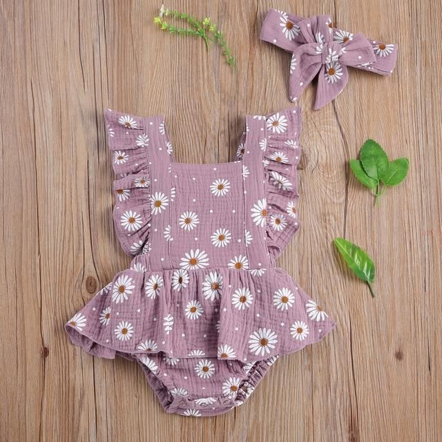 Barboteuse été Pour Bébé Fille - En Coton Doux Avec Imprimé Cœur Et Nœud - Bandeau Inclus - Tailles 0-3 à 6-9 Mois - 12