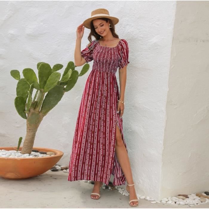 Robe Longue Femme Été Bohème Chic Imprimé Fleuri - Maxi Robe Plage Soirée Col Bateau Épaules Dénudées