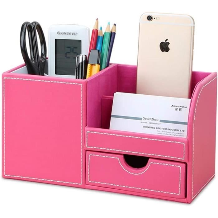 Organisateur De Bureau En Simili-cuir - Pot à Crayons Et Support Télécommande, Gris, 13,4x16,3x13 Cm