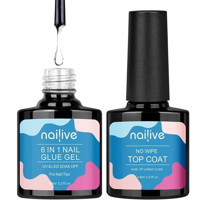 Nailive Colle Pose Américaine Ongles Capsules(Bases de Vernis) 2 in 1, No Wipe Top Coat, Base et