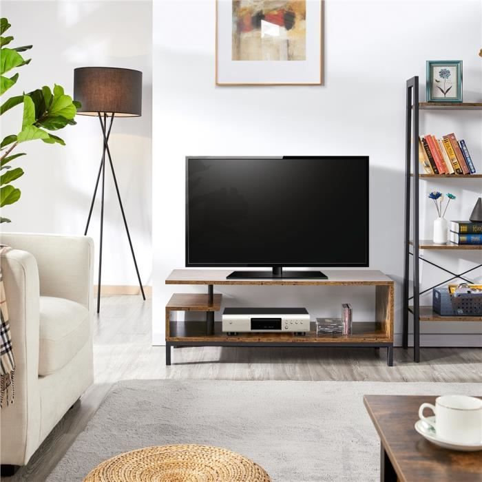 meuble tv bas en bois - yaheetech - style industriel rustique - 106 x 39,5 x 40 cm