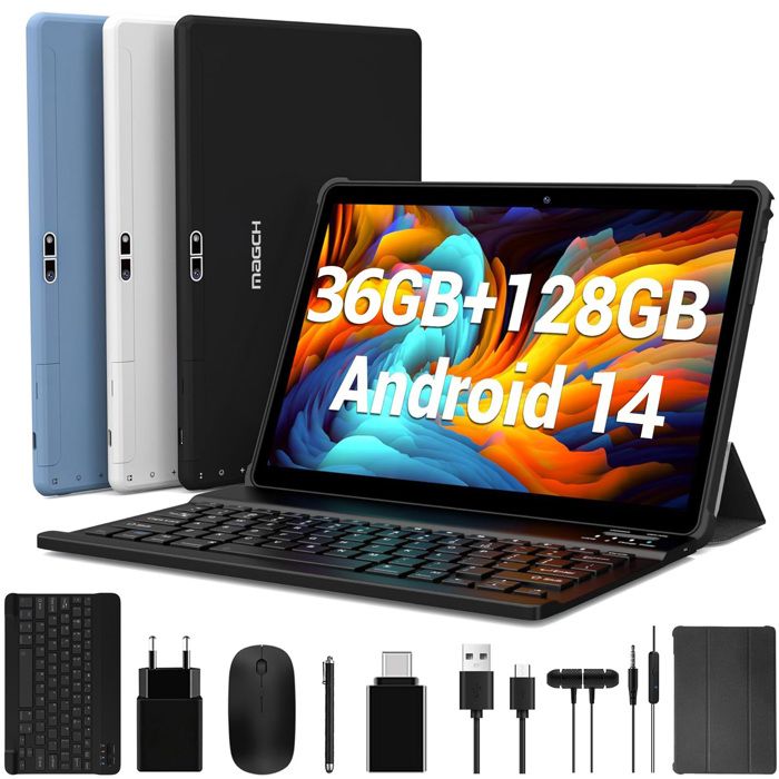 Tablette Tactile 10.1 Pouces MAGCH Android 14 36Go+128Go Octa-Core 5G Wifi TYPC-C 8000mAh more accessoires-Noir