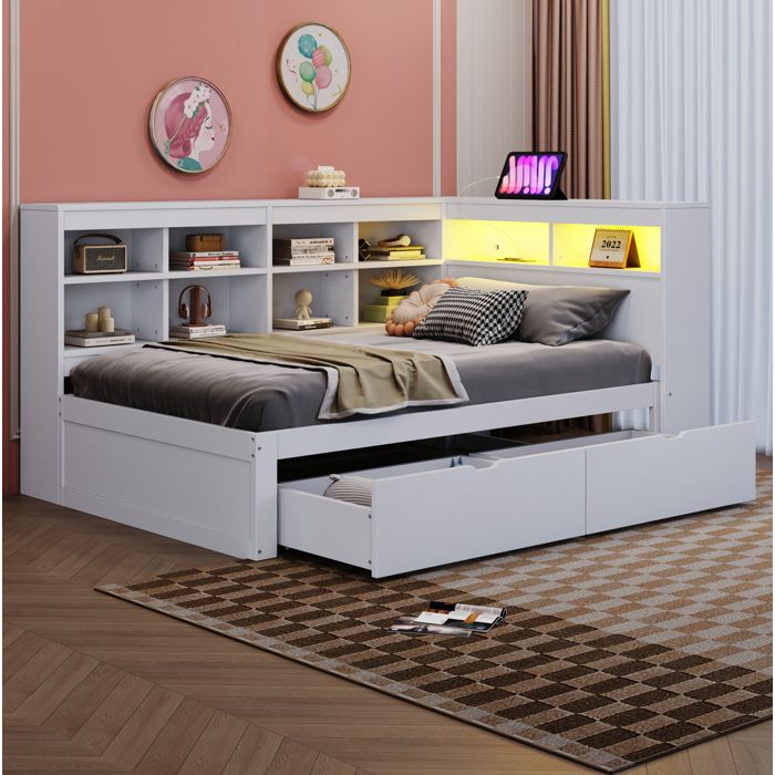 Lit avec rangement blanc 90×200 cm, sommier inclus, USB et LED ...