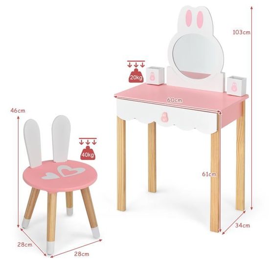 DREAMADE Coiffeuse Enfant Avec Tabouret, Table De Maquillage Avec Tiroirs & Miro