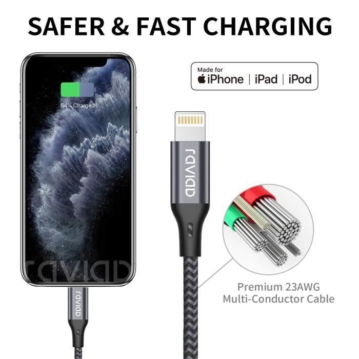 Chargeur Voiture iPhone, Câble Lightning Torsadé Anti noeuds 1m