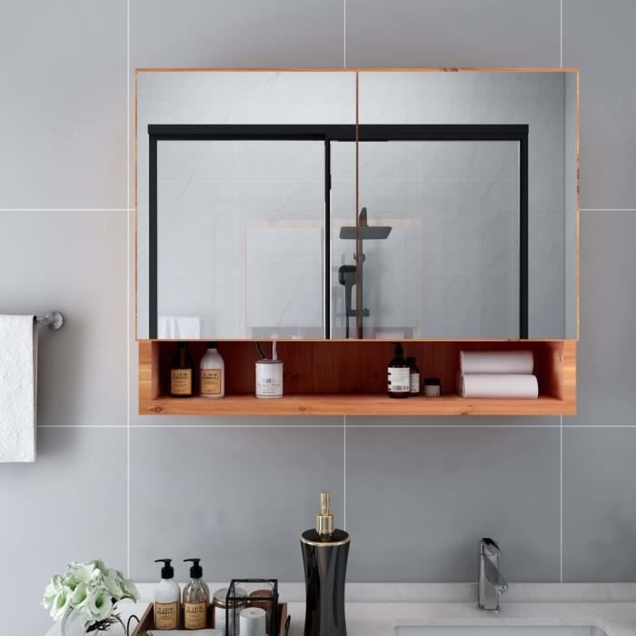 Freya: Armoire à miroir LED 80x70cm rectangulaire en bois pour salle de bain