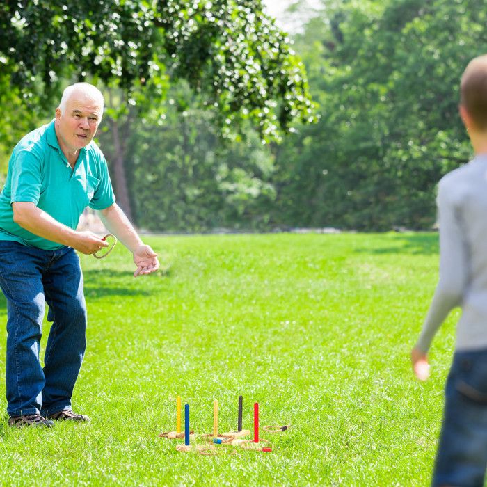 SUBTLETY Jeu De Lancer D'anneaux En Bois – 5 Anneaux Nylon, 5 Piquets Bois – Base Stable – Extérieur/intérieur – Famille, Enfants Dès 3 Ans