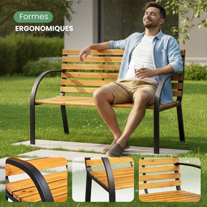 Banc De Jardin Kalia Avec Pieds Acier - Banc Extérieur Résistant 122cm Noir Avec Accoudoirs
