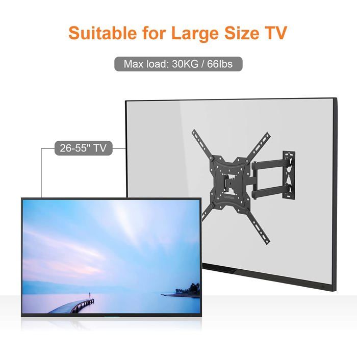 GRIFEMA Support Mural TV 13-32'' - Fixation Murale TV Peut Contenir Jusqu'à 20KG, Accroche Television Mural Orientable (± 90°), Incline ( 8°, -12°) et Étend, Support Vesa pour TV Plat/Incurvé Noir