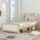 OKWISH Cadre de Lit en Bois 90x200cm - Lit Enfant Simple avec Tête de Lit de Stocage, 1 Place - Couleur Bois+Blanc