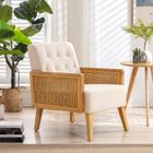 HOMEMIYN Chaise en rotin, Cadre en bois massif avec accoudoirs en rotin, Fauteuil Scandinave en Velours, Salon Chambre Bureau, Beige