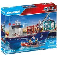 PLAYMOBIL - 70769 - Grand cargo avec bateau de douaniers - Transport de marchandises - Grue mobile - Multicolore