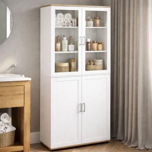 Vaisselier Vitrine VITO 4 Portes - Blanc Et Bois, H. 176 Cm, Étagères Réglables - IDMarket