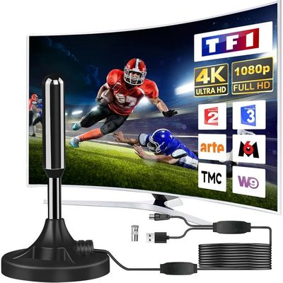 Antenne TV Intérieure Puissante 2025 - Portée 420km, 360°, Câble Coaxial 5m, Compatible 4K/HDTV