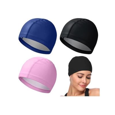 Lot De 3 Bonnets De Bain Souples Junior Unisex - Polyester, Séchage Rapide - Taille Unique (21x16 Cm) - Couleurs Noir, Bleu Roi, Rose