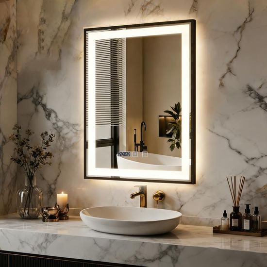 Miroir lumineux de salle de bain led 3 couleurs avec variateur et antibuée en verre et métal argenté 60 × 100 cm