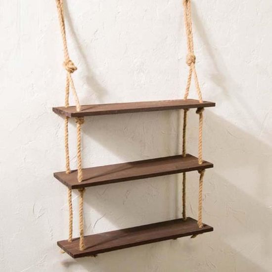 Mkono Étagère Suspendue à 3 Niveaux En Bois Rustique Avec Corde - Organiseur Mural Pour Photos Et Plantes - Décoration D'intérieur Pour Salle De Bain, Salon, Chambre à Coucher, Appartement