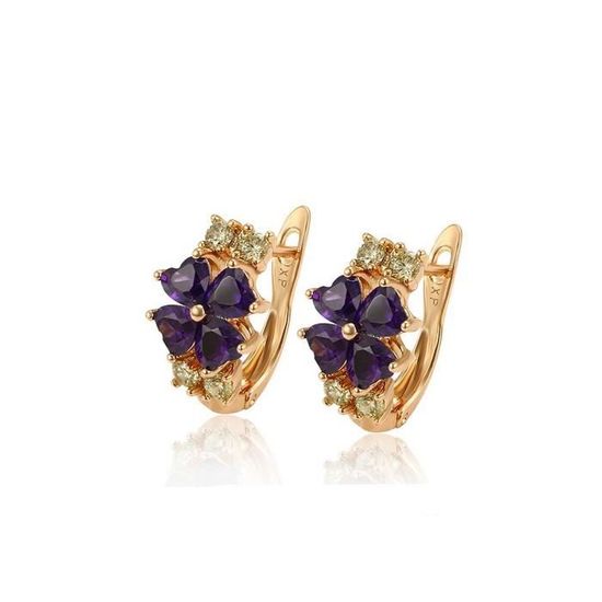 Boucles D'oreilles Dormeuses En Améthyste Et Plaqué Or 750/1000 - Bijouterie Papillon Bleu - Neuf