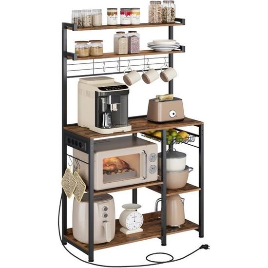 Coleshome Étagère Cuisine Avec Prise Électrique & LEDs - Meuble Micro-Ondes 5 Étagères 35x60x150 Cm Brun Rustique