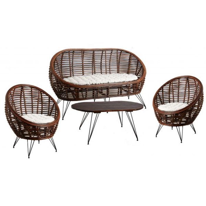 Salon 4 pièces en rotin croco, comprenant:2 fauteuils avec coussins1 canapé 2 places avec coussins1 table