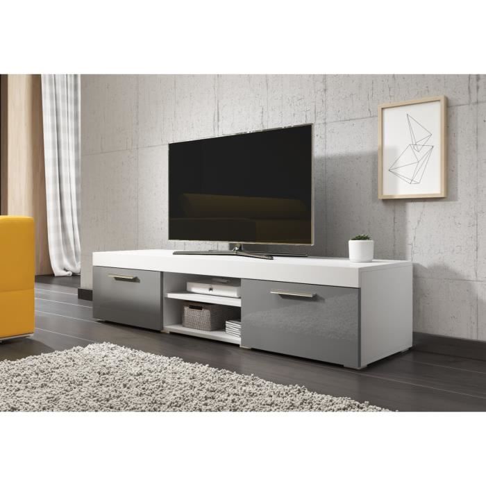 e-Com Meuble TV Paris - 140 cm - Mat Blanc et Gris Brillant