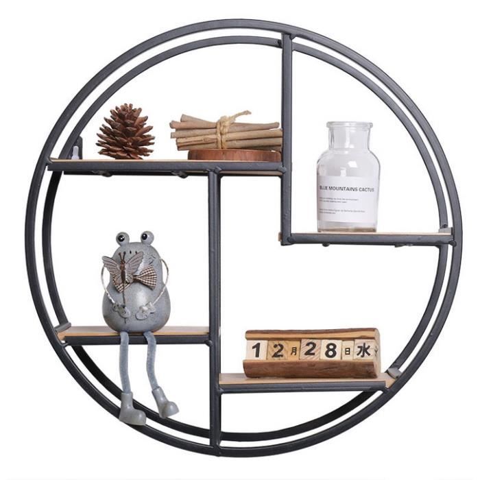 CR Étagère Murale Design, Étagère Industrielle Vintage en Bois et Métal Étagère Ronde avec 4 Étagères pour Chambre Cuisine