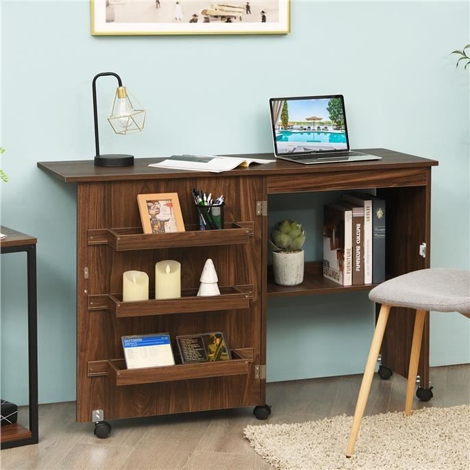 DREAMADE Table pour Machine à Coudre en Bois Pliable et Mobile, Armoire Machine à Coudre avec 4 Étagères, 116,5 x 49,8 x 77,5CM