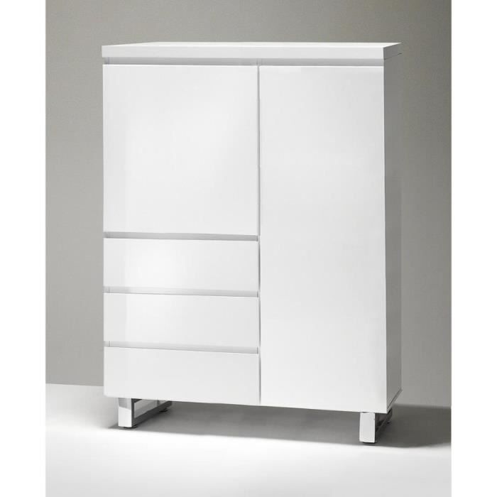 Commode haute ALTONA blanc laqué brillant 2 portes 3 tiroirs piétement en métal chrome blanc Inside75