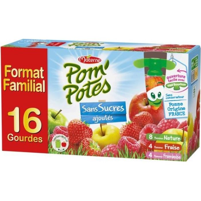 MATERNE Pom'Potes - Compote à boire - Parfum pomme Nature, pomme fraise et pomme framboise - 16x90g