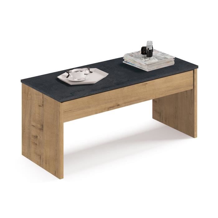 Table basse relevable coloris Chêne doré- Marbre - Hauteur 47-58 x Longueur 100 x Profondeur 50 cm