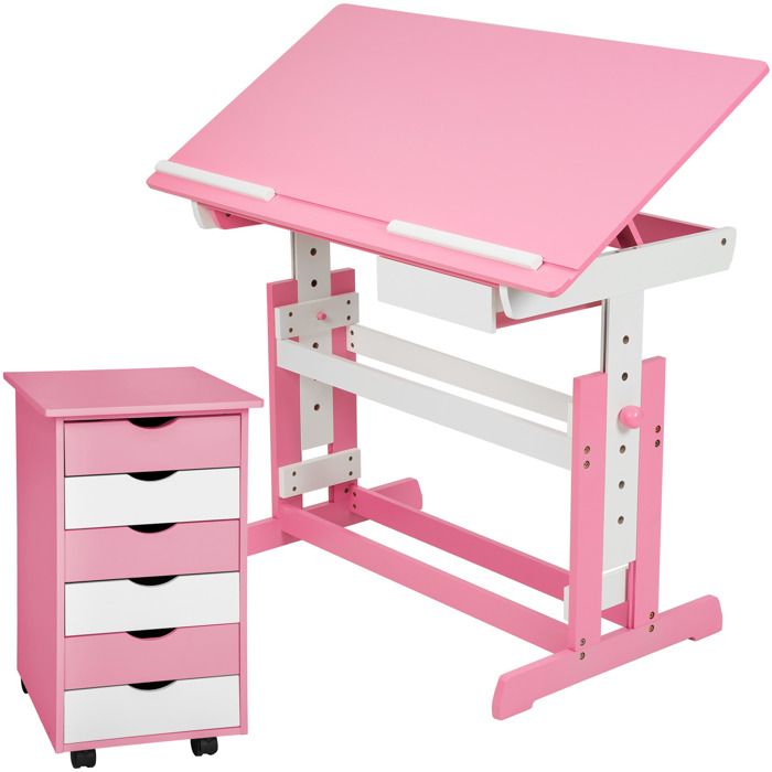 TECTAKE Ensemble Bureau Réglable en Hauteur et Inclinable Enfant et Caisson à Roulettes de Bureau 6 Tiroirs Blanc et Rose